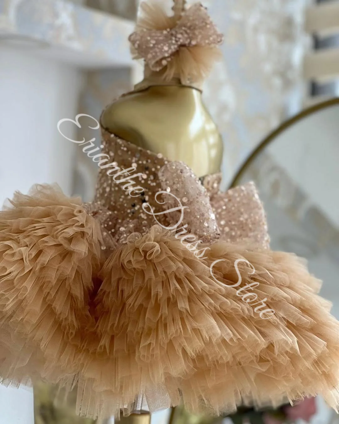 فستان فتاة الزهور المخصص لحفلات الزفاف من الدانتيل المطرز بالترتر منتفخ الطبقات مخصص للأطفال حفلة عيد ميلاد أول مناولة فستاين سهرة/فساتين الحفلات