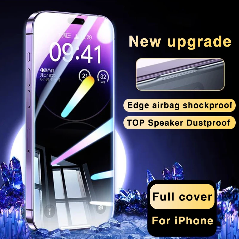 New Upgrade Edge Shatterproof Airbag Tempered Glass For iPhone 14 13 12 11 Pro Max Xs X XR Screen Protector With Mounting Cover