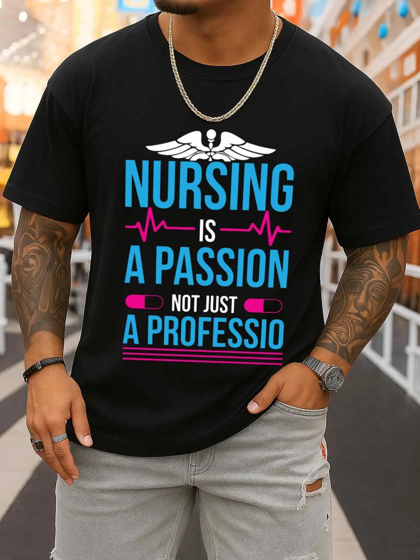 Passion for Nursing Goes Beyond Professionalism. Men's Printed T-Shirt, Black Graphic T-Shirt, Elegant and Stylish Summer Short-Sleeve Shirt, Machine Washable Casual Wear, Suitable for Office, Dating, and Outings. the Perfect Holiday Gift
