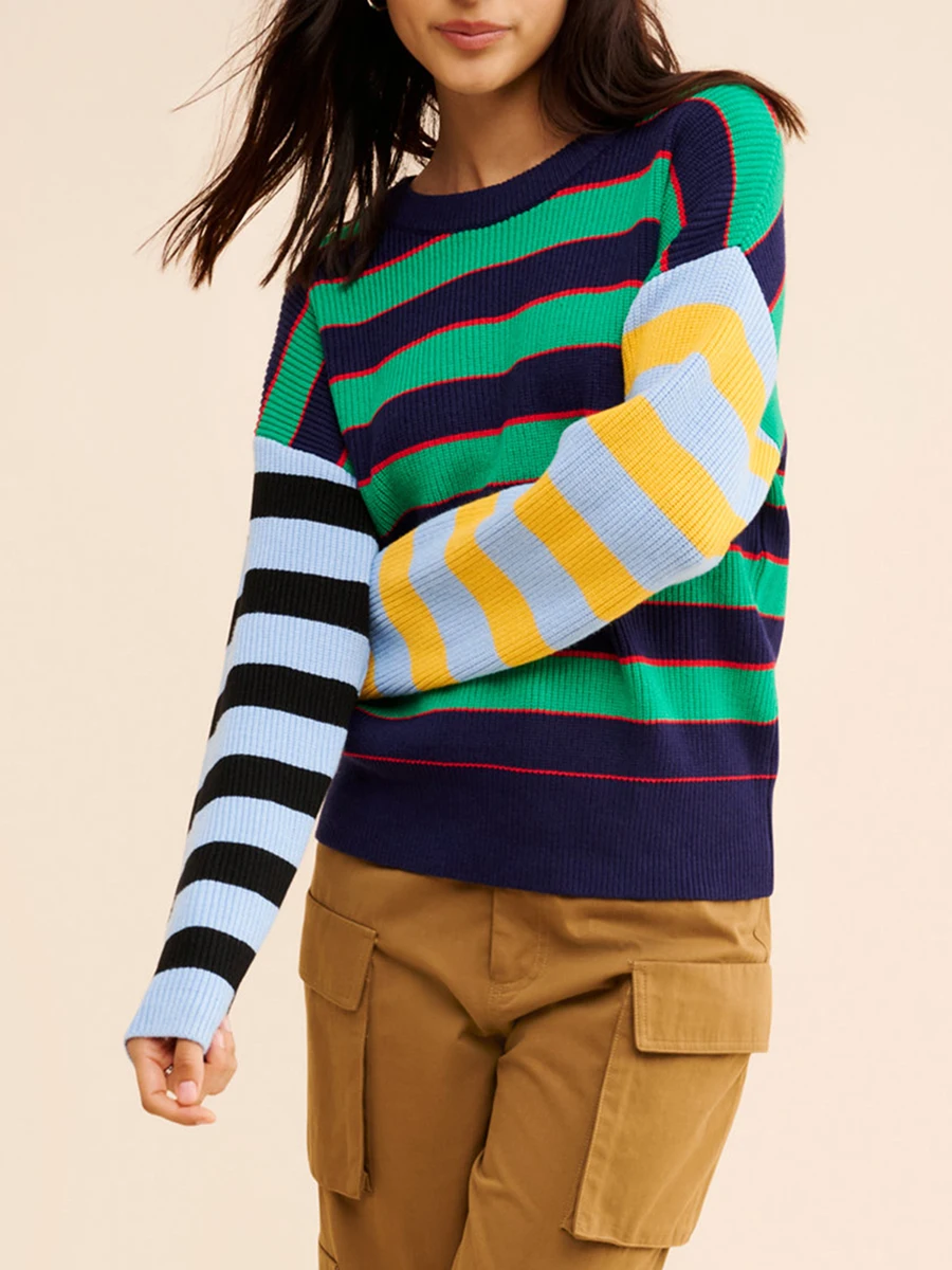 Women s Autumn Winter Knit Sweater Long Sleeve Crewneck Stripe Print Casual Knitwear