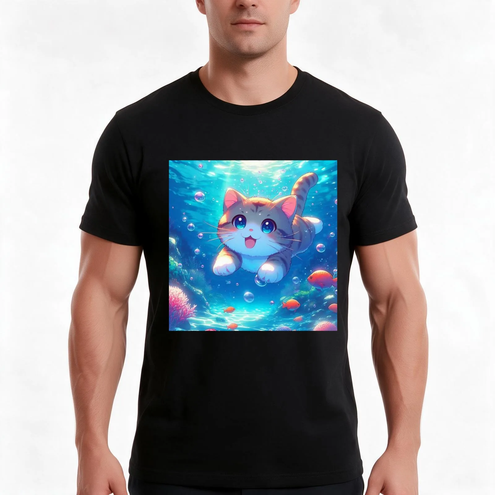 cat loves her fish T-Shirt, Summer Casual Cotton Tee, Oversized Streetwear Tops, Vintage Graphic Print, Loose Fit Short Sleeve