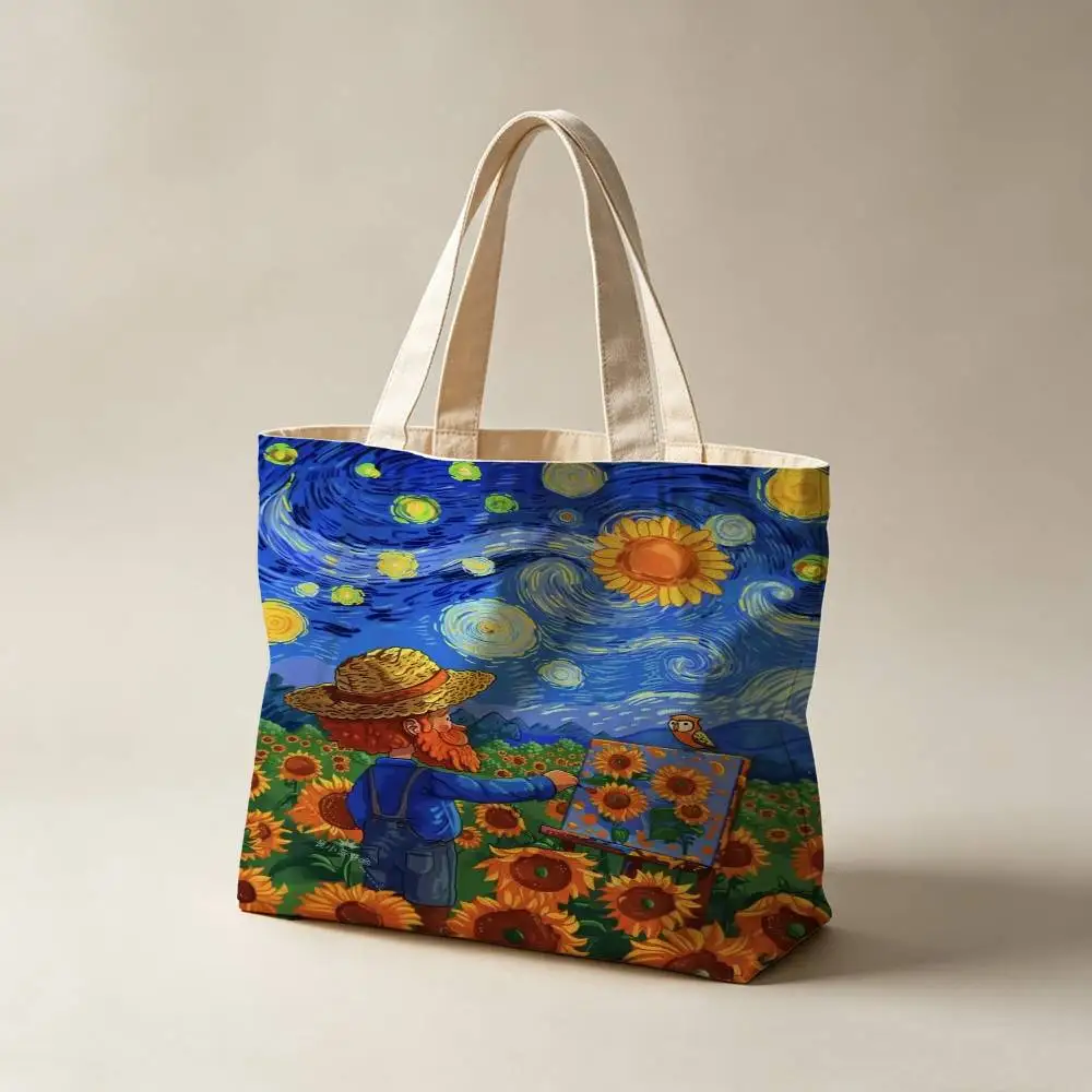 Cartoon Van Gogh Canvas Tote Bag Waterproof Lining Large Capacity Reusable Shopping Bags Casual Student Daily Handbag