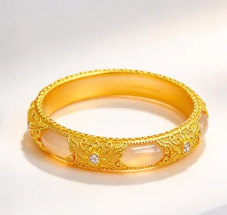 9999 Gold Micro-Inscribed Jade Jade of Good Fortune Bracelet - Palace Style Micro-Inscribed Jadeite Flower Wire Bracelet