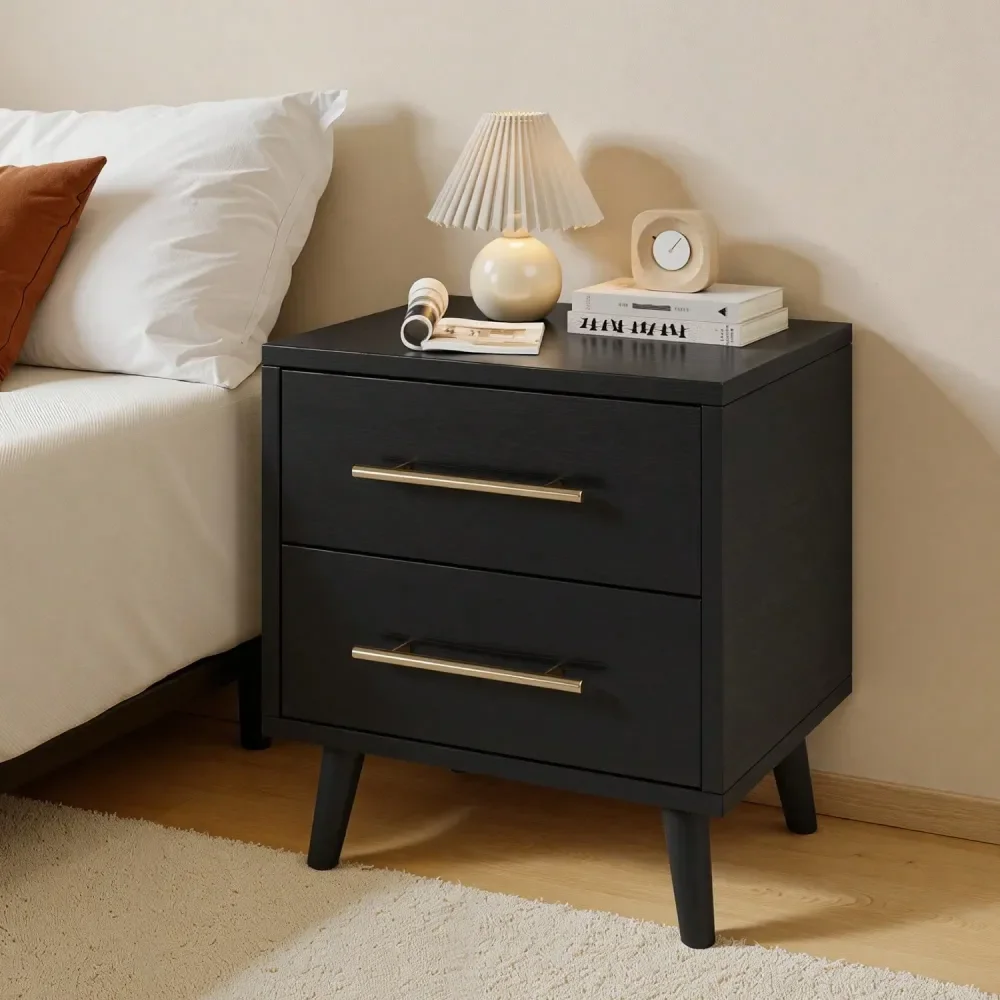 

NightStand With 2 Wood Drawers Bedside Table With Metal Handles For Bedroom,Black