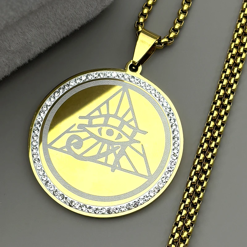 Eye of Horus Ancient Egyptian Symbol Pendant Necklace for Women Men Stainless Steel Rhinestones Gold Color Pyramid Jewelry Gift