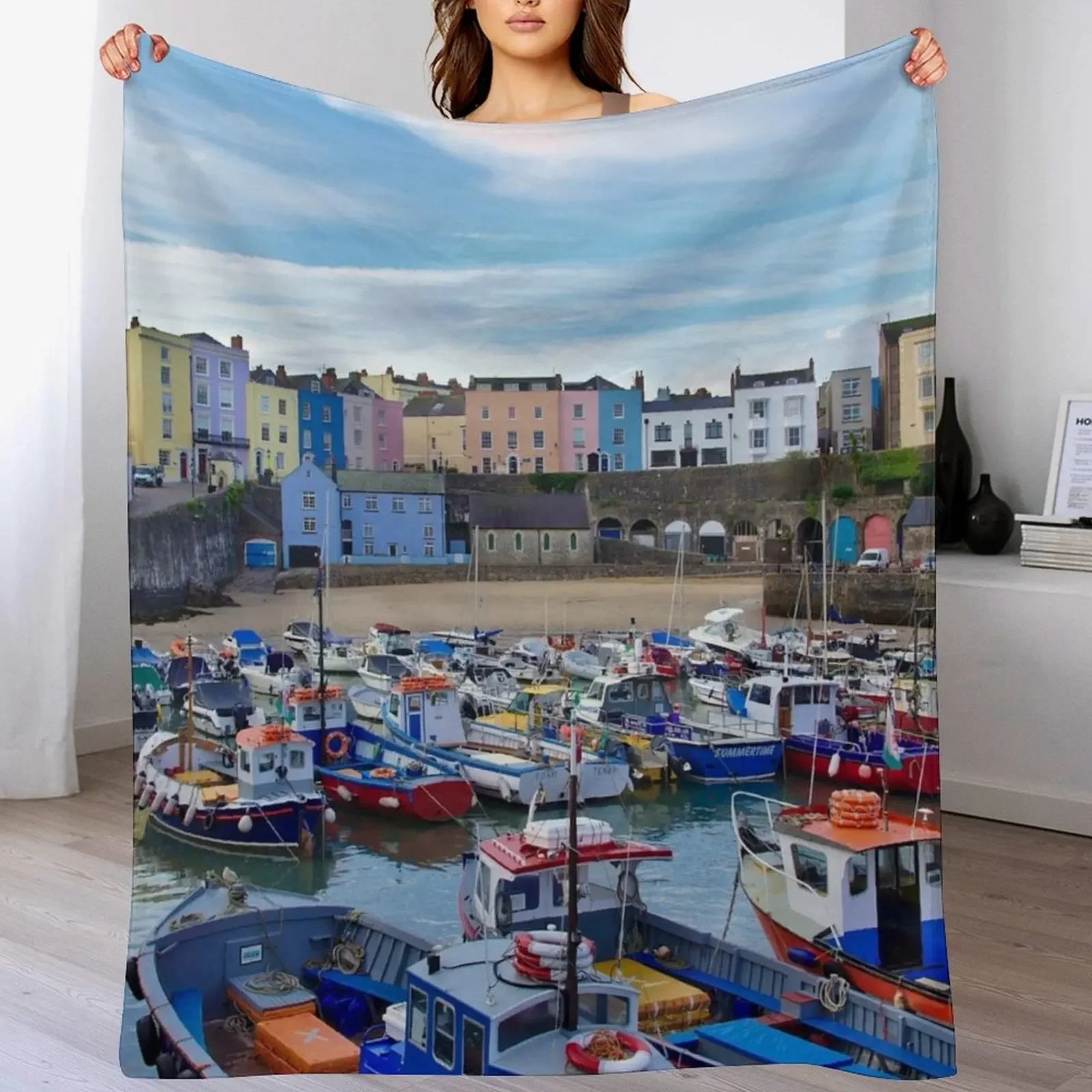 

New Tenby Harbour Morning Colours Throw Blanket Nap Luxury Designer Thermals For Travel Warm Blankets