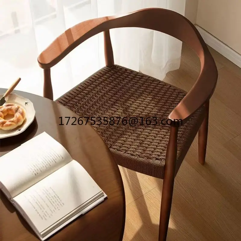 

Medieval casual solid wood dining chair table and chair home cafe backrest chair cushion rope minimalist