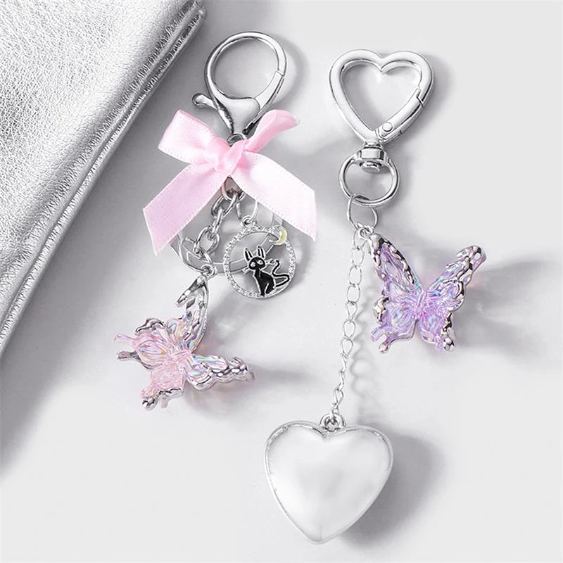 Lanyard Mobile Phone Chain Rhinestone Butterfly Charms Cat Keychain Pendant Phone Chain Decoration Handbag Hanging Ornaments