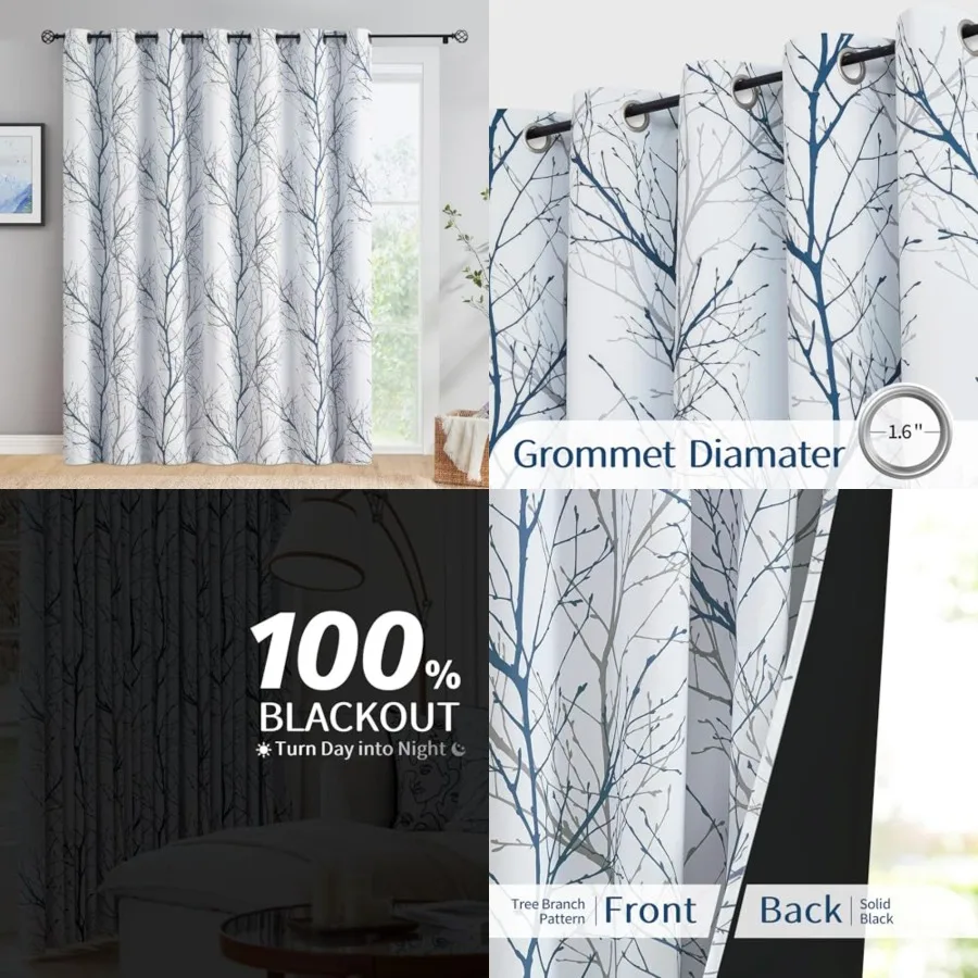 

100 Blackout Patio Sliding Glass Door Curtains 84 Inch Long for Bedroom, Blue Grey on White Tree Branch Patterned Drapes for Li