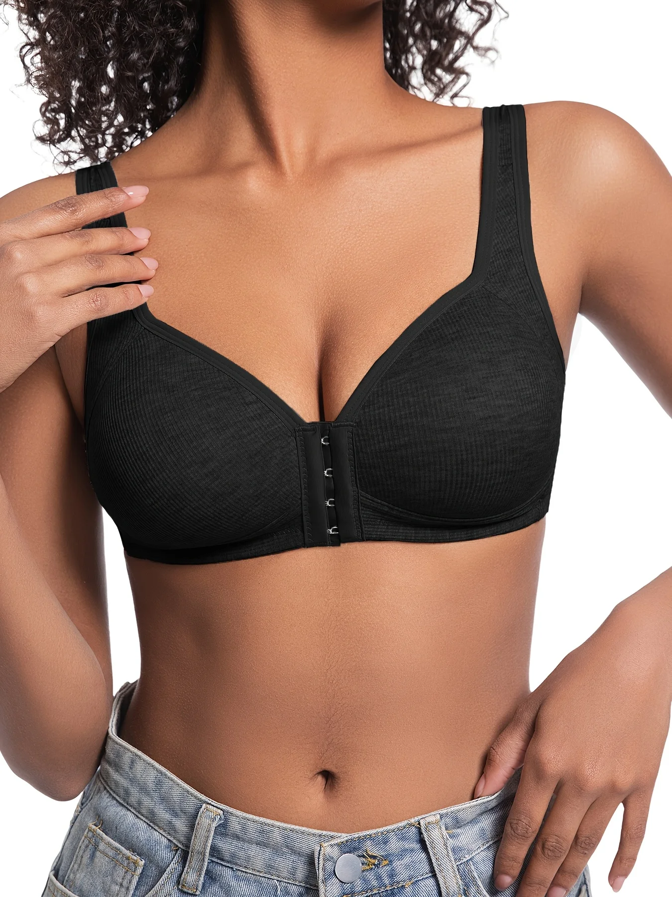 Damen-BH ohne Bügel, Vorderverschluss, einfarbig, vollständige Abdeckung, feste Körbchen, rückläufig für mittlere und ältere Menschen, individuell – Detail 8