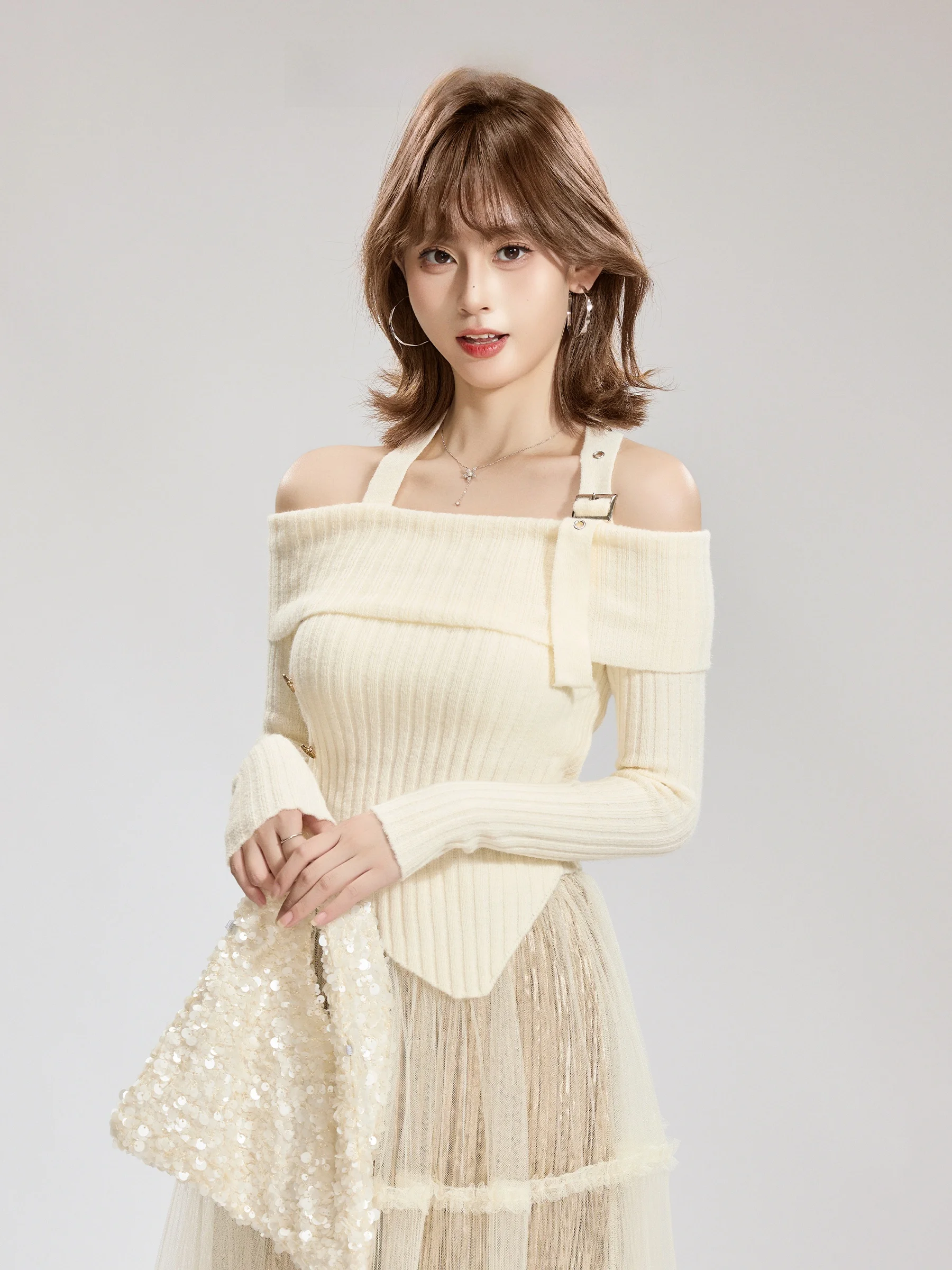 

Женский вязаный топ Soft Sle Long Sve Ne Hanging Irregular на одно плечо, облегающий топ Ba на осень-зиму