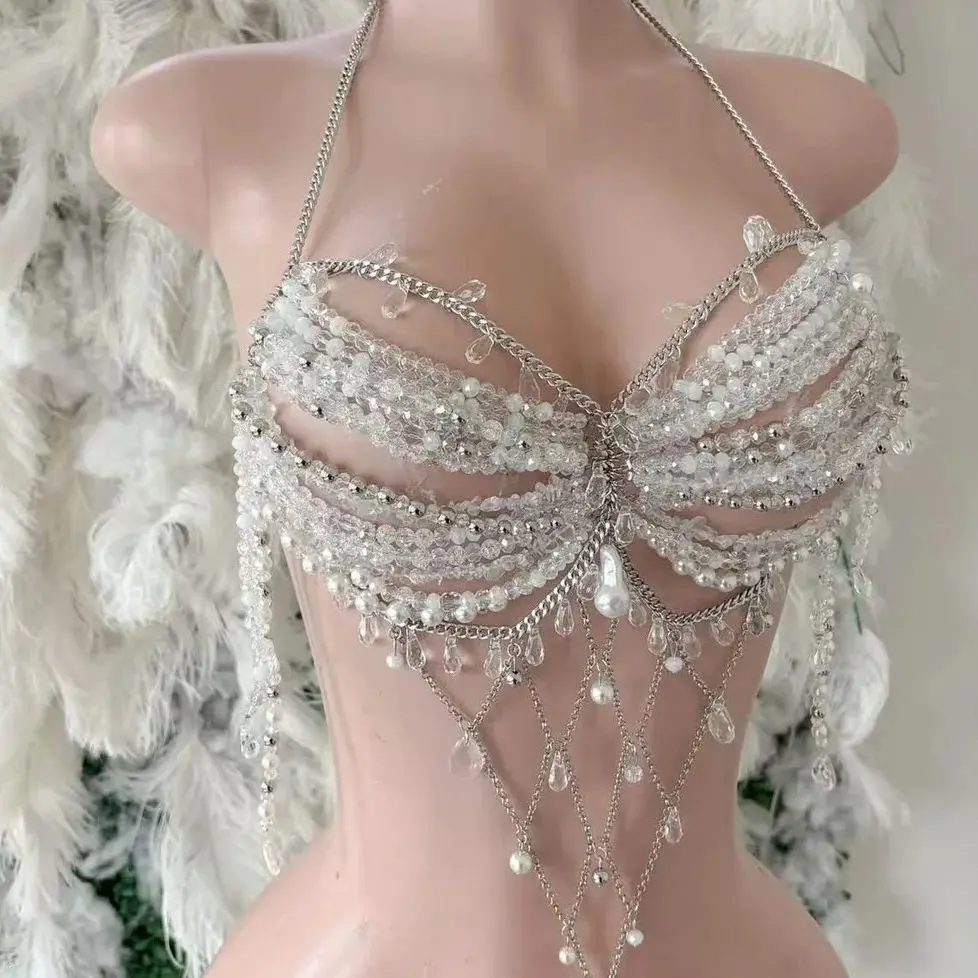 New European & American Women's Handmade Beaded Necklace Metal Chain Fringe Halter Neck Body Chain Nightclub Outfit