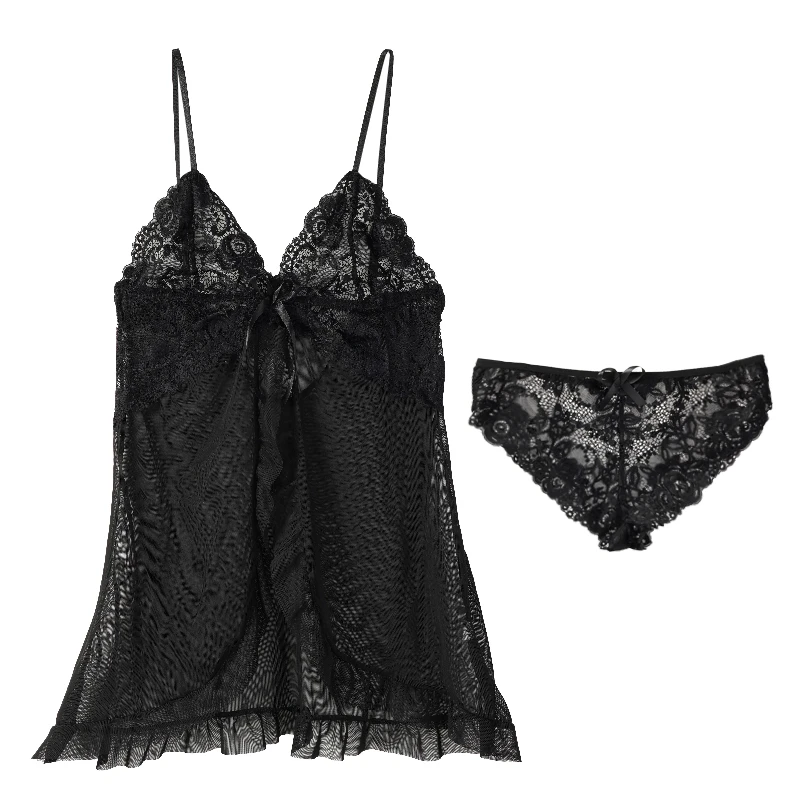 M-3XL Tulle Women's Nightgown Suit Exquisite Suspenders Lace Nightdress Female V-Neck Sleep Dress With Briefs Set Lingerie