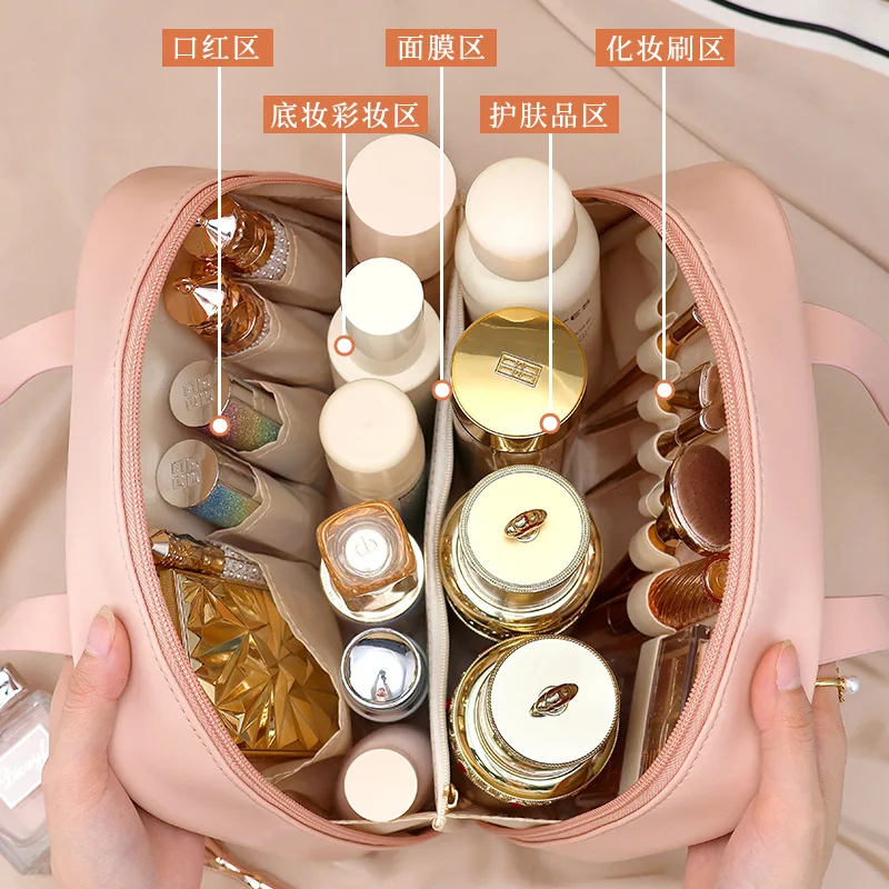 حقيبة مكياج محمولة جديدة بنصف قمر بسعة كبيرة، عصرية، عالية الجمال، تخزين مقسم، درجة عالية، مرحاض كبير
