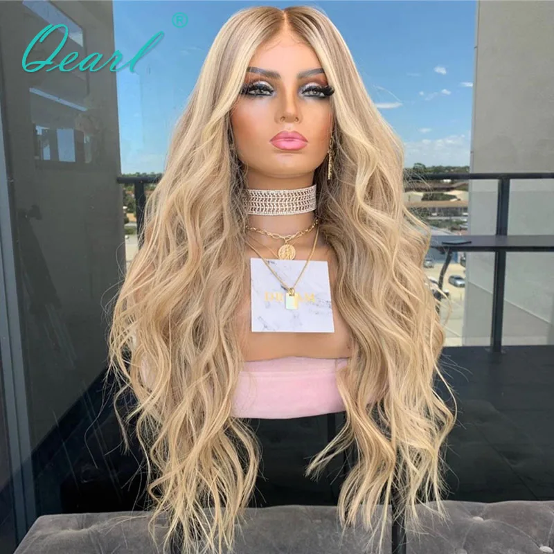 

Light Honey Blonde Human Hair Lace Front Wig Loose Wave Full Lace Wigs for Women ASh Brown Highlights 13x6 180% Preplucked Qearl