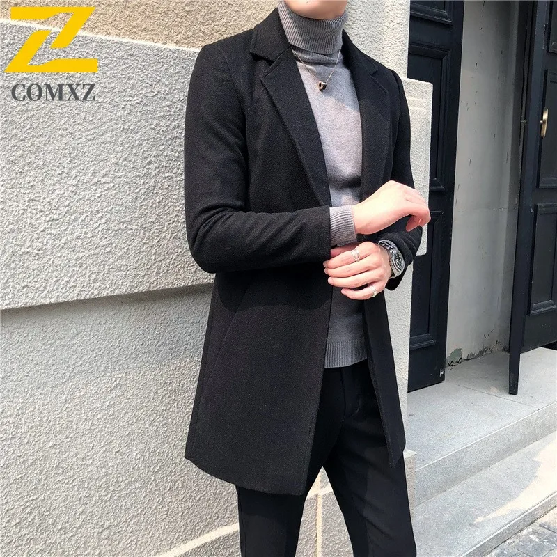 

COMXZ Men Wool Thicken Jacket Mid Length Business Casual Trench Coat 2025 New Korean Style Warm Tactics Fleece Lining Outerwear
