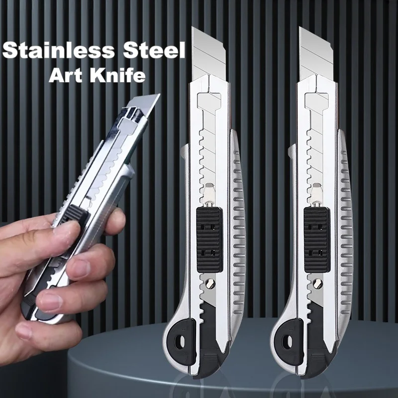 Utility Knife Cutter Retractable Heavy Duty Knife Stainless Steel Wall Paper Cutting Blade Storage Design 5PCS Blades Build In
