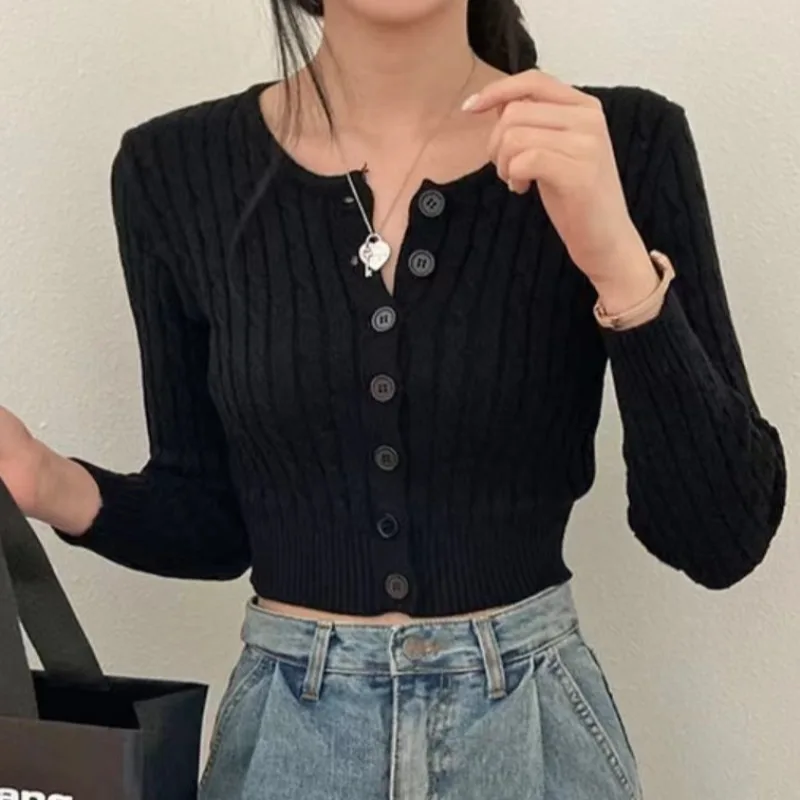 

Chic Autumn ort Knitted Open Cardigan Retro Long Sve round Ne Women's Sweater Single Button Closure Warm Fluffy Top
