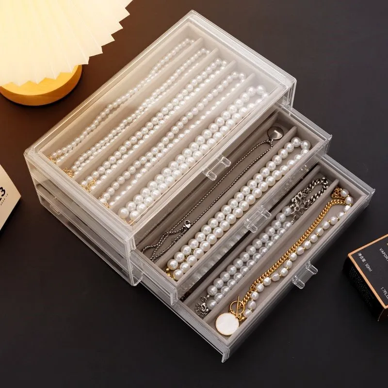 Caja de almacenamiento de collares PS, organizador de escritorio estilo cajonera para collares de perlas, pulsera larga a prueba de polvo, caja de almacenamiento de joyas con cuentasZG622