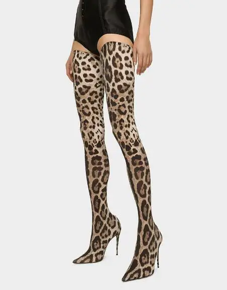 Sexy Leopard Stretch Slim Pointed Toe Over The Knee Boots Women Fashion Slip On Thigh Extra Long Socks Boots Lady Size 43