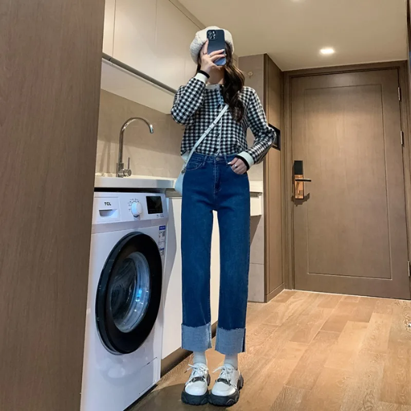 Lose Damen Straight Jeans Freizeit Straight Tube Vintage Hohe Taille Koreanische Y2K Denim Hose Baggy Schwarz Grau Schlankheitskomfort