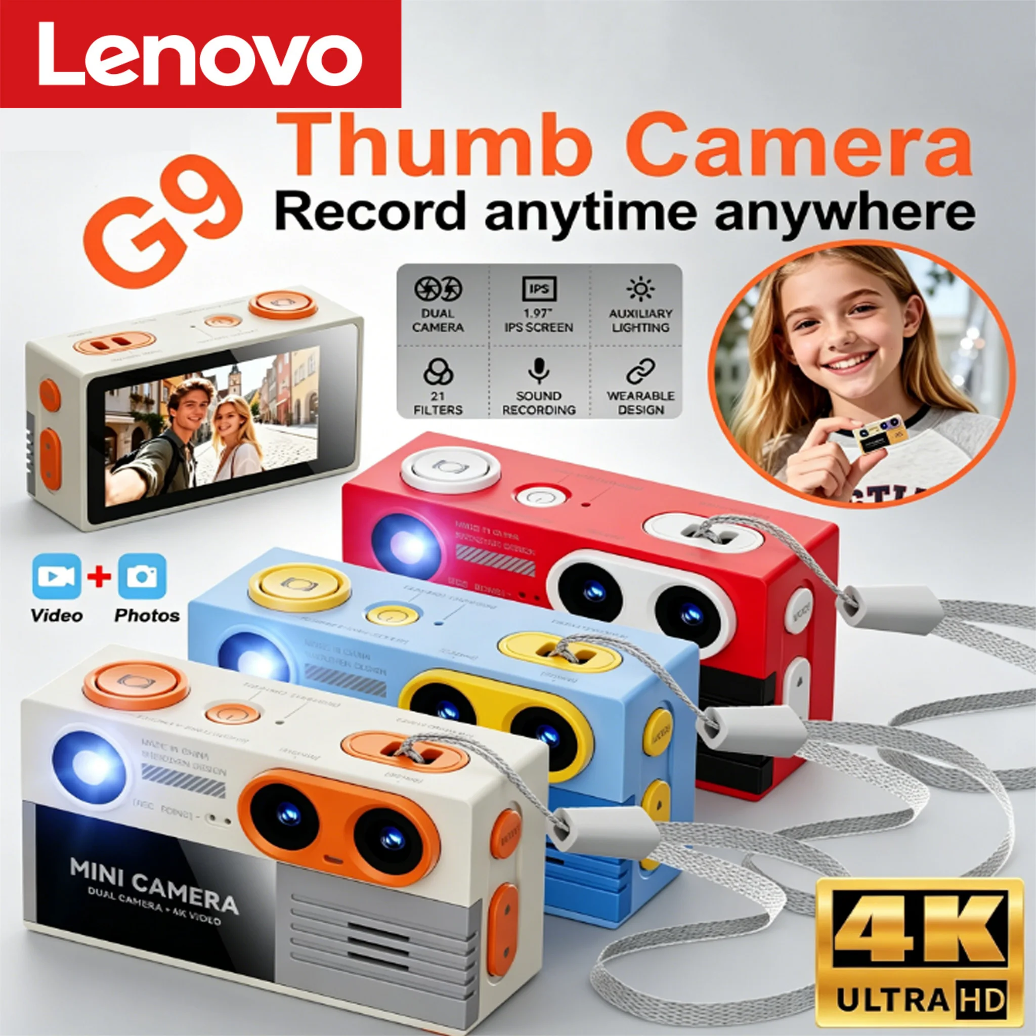 Fotocamera Tascabile Lenovo G9 4K 500MP HD: Elegante Mini Fotocamera Portatile a Doppia Lente per Studenti con Filtri Integrati, Regalo Perfetto