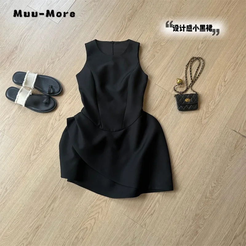 Women Elegant Luxury Sleeveless Round Neck Solid Color Dresses 2024 Summer Lady Chic Loose Fit Chiffon Thin Camisole Dress