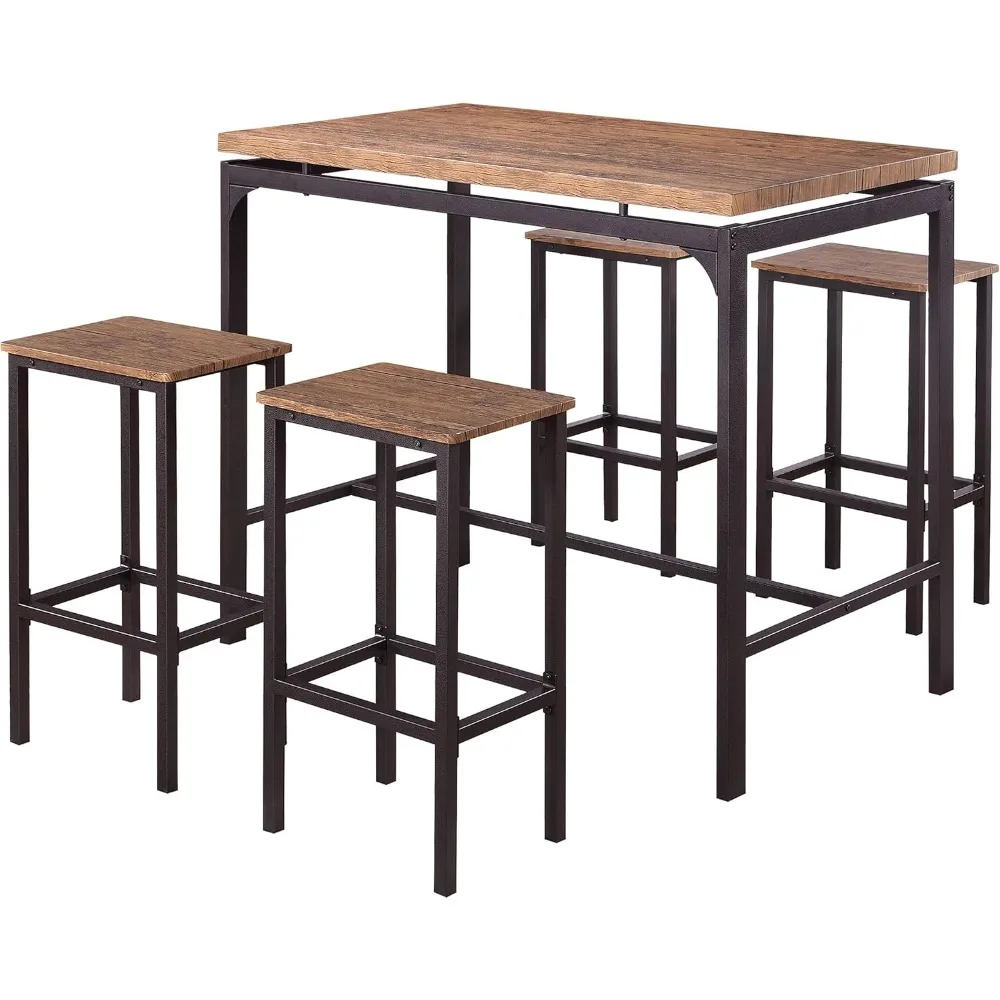 Five-piece Bar Table and Chair Set, Distressed Wood Tabletop, Metal Legs, Backless Bar Stools, Country Style