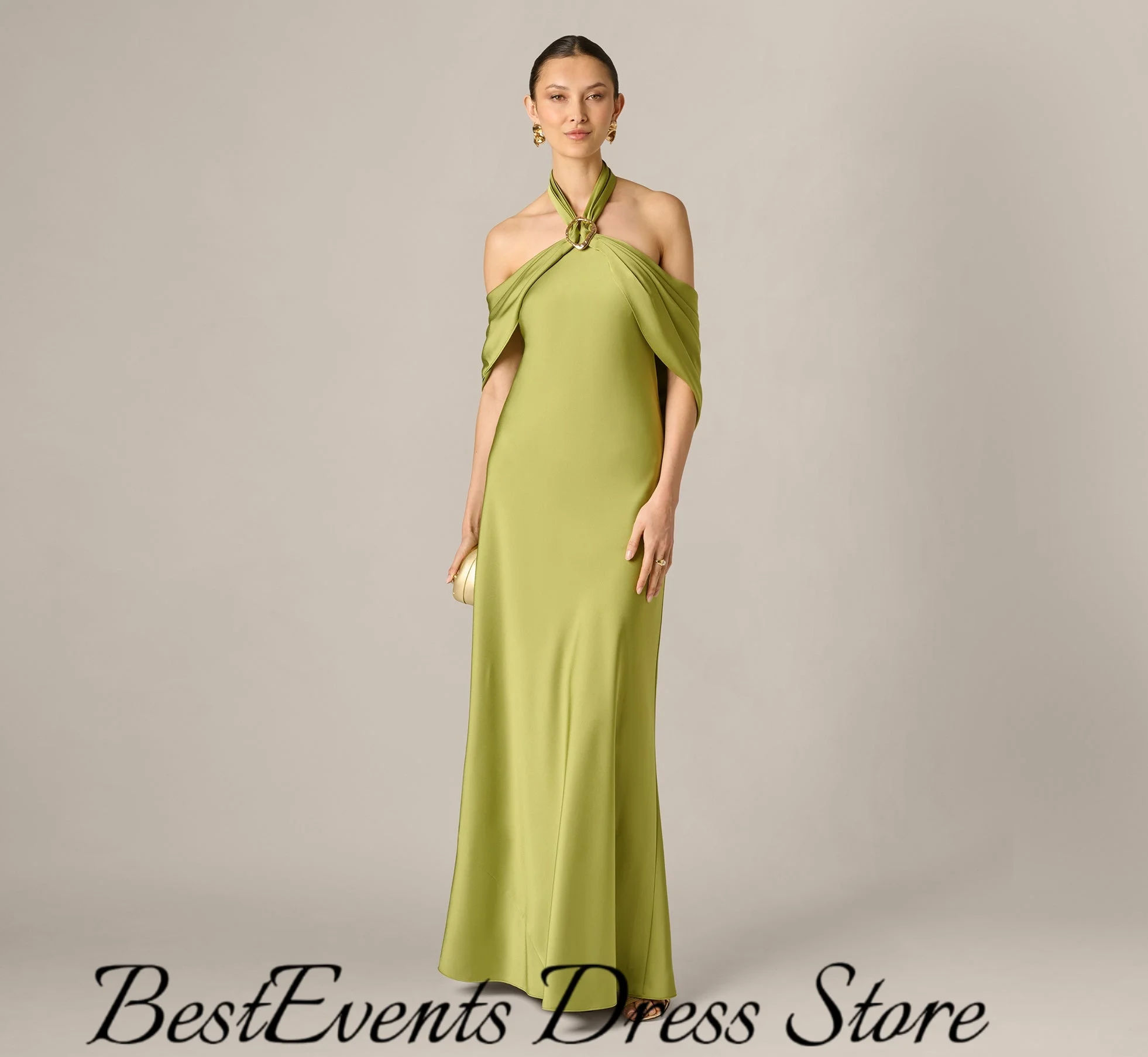 Olive Green Customized Satin Off Shoulder Halter  Metal Ring Neck Decor Draped Shoulder Detail Open Back  Formal Evening Events