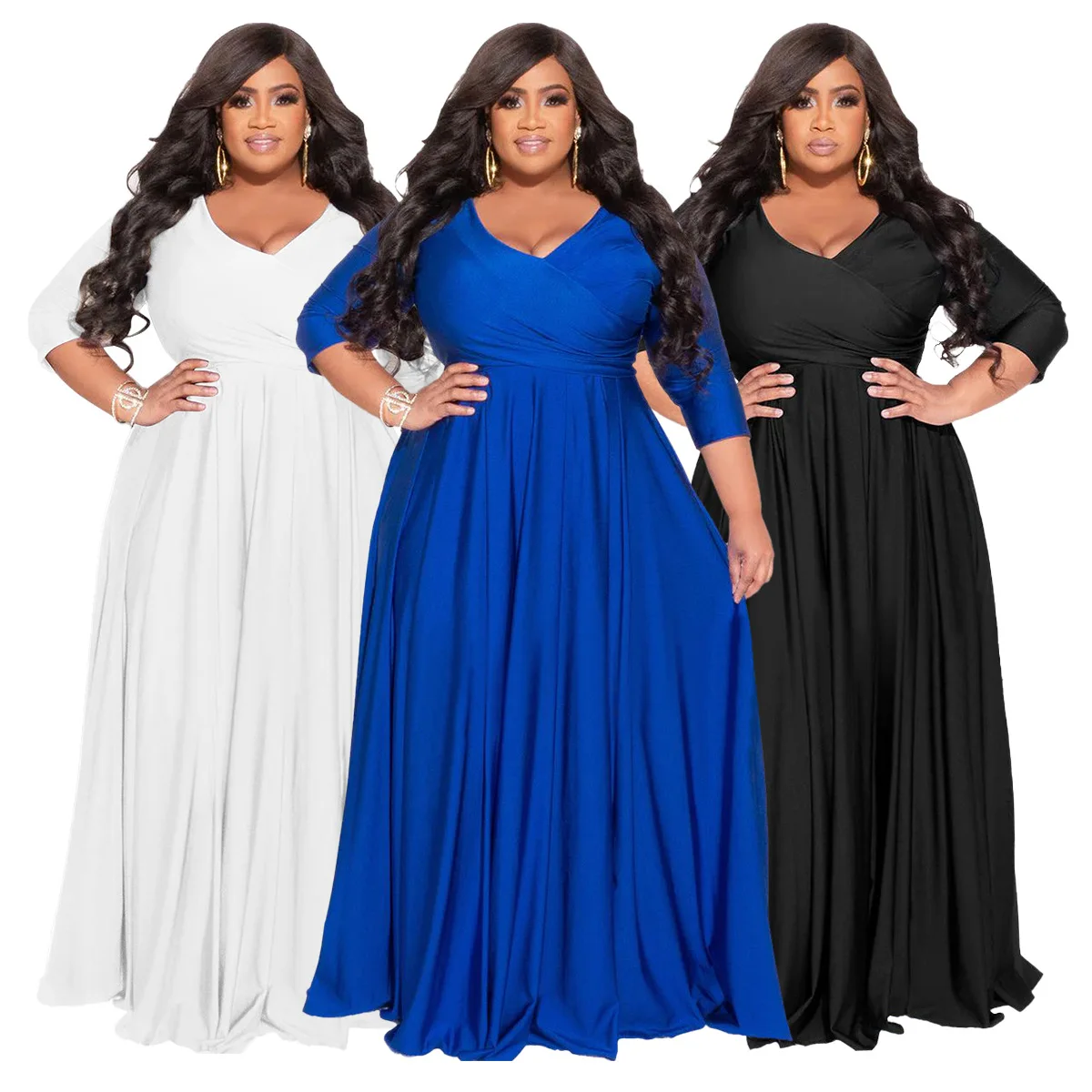 Nuevo Vestido Maxi Elegante de Mujer con Cuello en V, Manga al Codo, Cintura Alta y Falda Acampanada, Multicolor, Estilizador, Cómodo, Casual y Versátil para el Día a Día