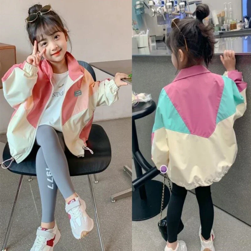 Colorblocking Trench Coats Girls Thin Fashion Jackets Spring Autumn Children Clothes Big New Casual Zipper Outerwear 2-10 Years