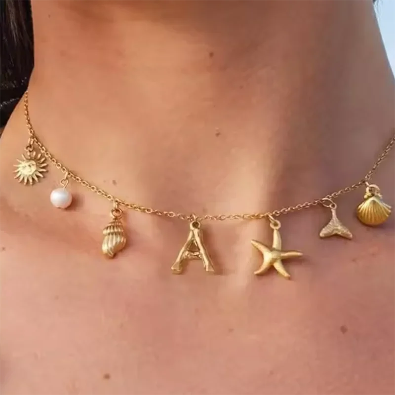 

Surfer Girl Necklace Beach Jewelry Initial Necklace for Girlfriend Seashell Letter Choker Women Gift Starfish Pearl Accesorios