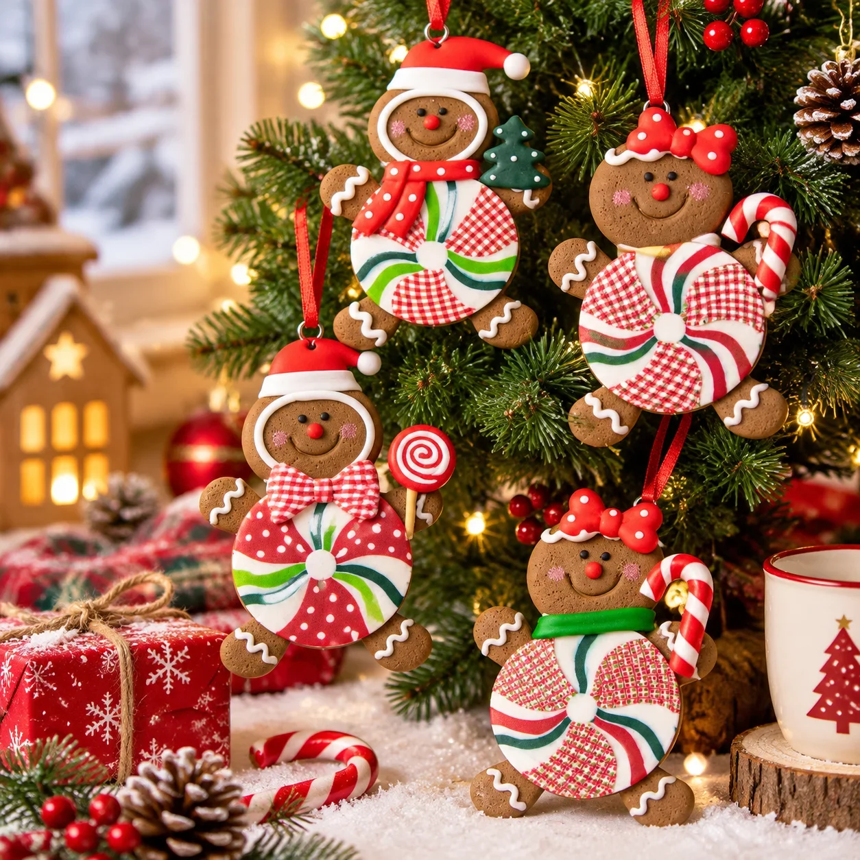 Polymer Clay Gingerbread Man Christmas Ornament Cute Hanging Pendant Xmas Tree Decoration for Home Holiday Party Wreath Decor