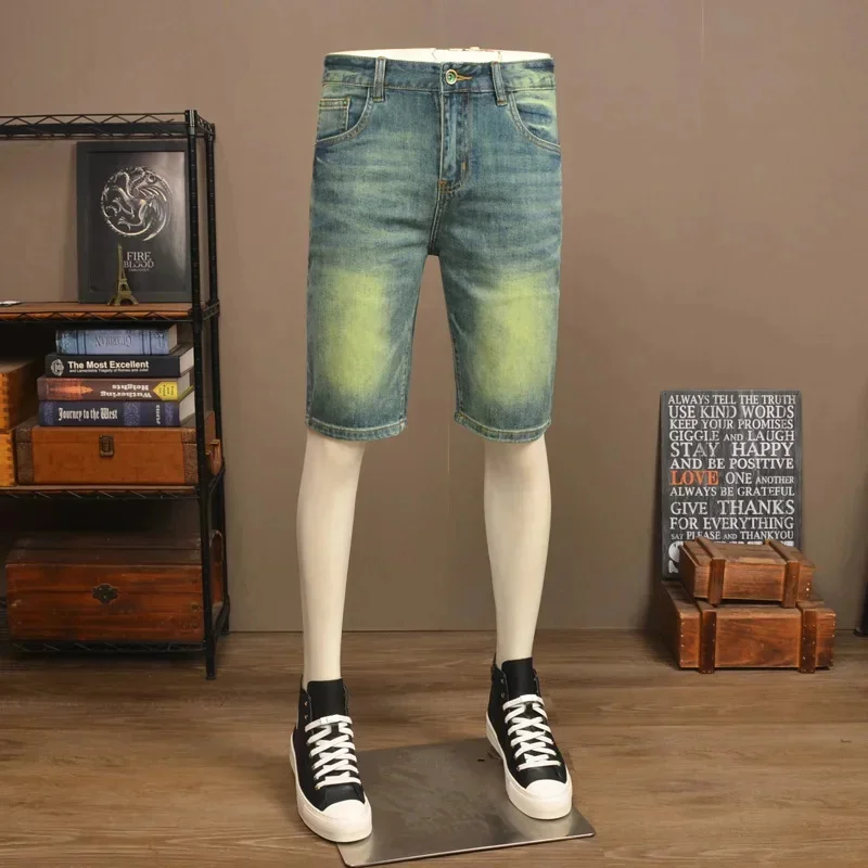 

Летние тонкие джинсовые шорты, мужские модные брендовые эластичные облегающие модные зеленые потертые повседневные брюки в стиле ретро в стиле пять четвертей