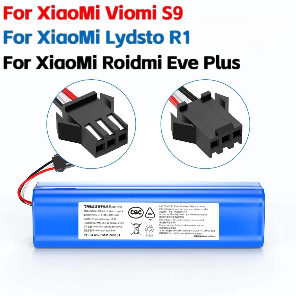 

14.4V 6500mAh 4S2P Lithium Battery Pack for XiaoMi Viomi S9 Lydsto R1 Roidmi Eve Plus Vacuum Cleaner Accessories Parts.