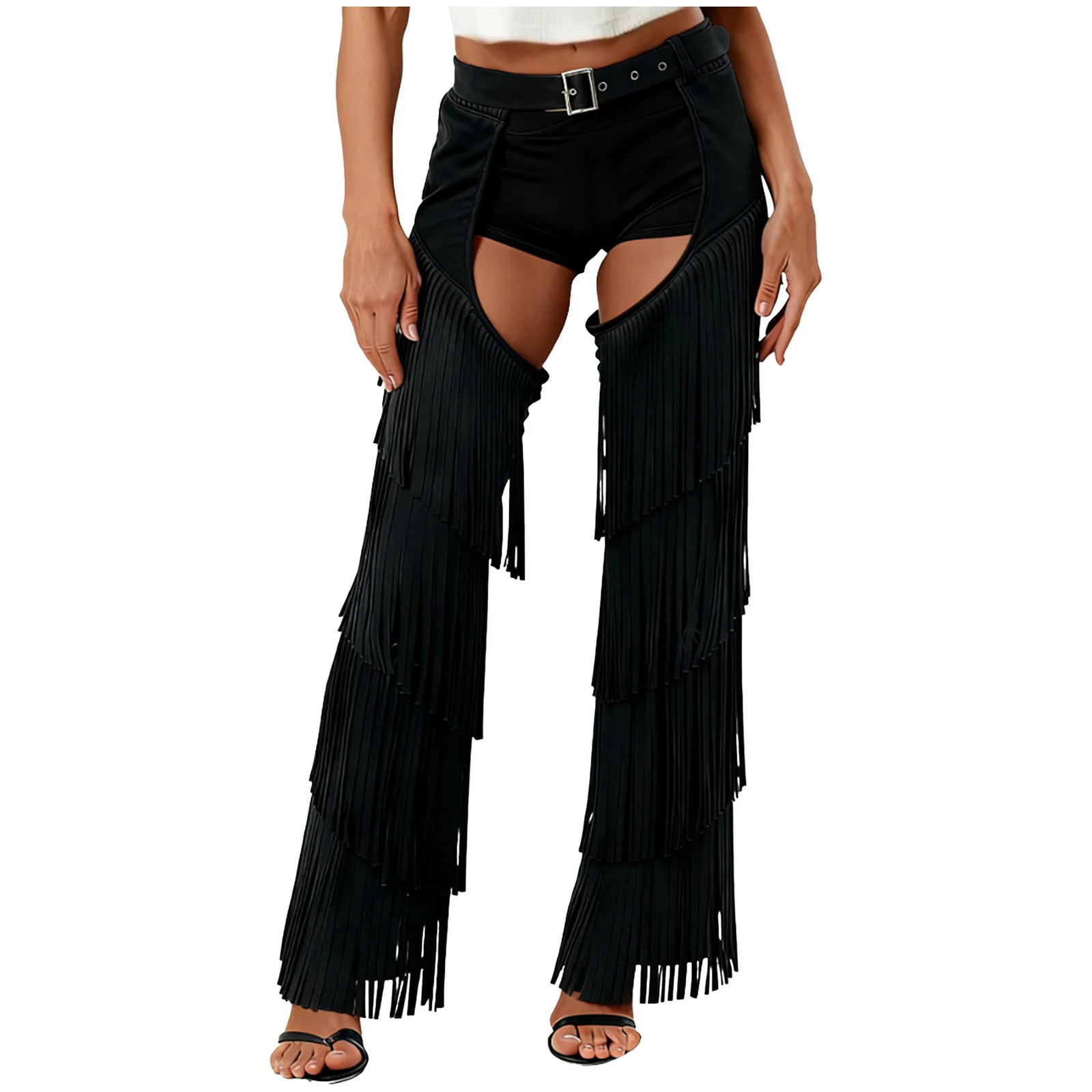 

Vintage Western Cowgirl Hippie Cosplay Performance Chaps Pants Layered Fringe Crotchless Style Pants for Carnival Party Outfits