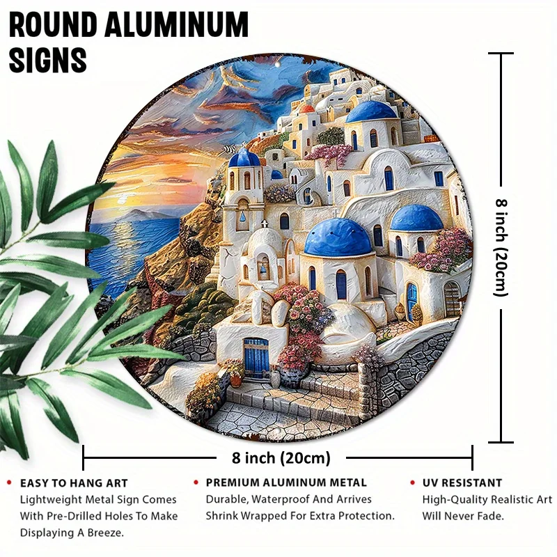 Santorini Island Aluminum Round Art Sign - 1pc 20.32cm UV Resistant, Premium Metal 2D Decor for Indoor and Outdoor Walls, Lightw