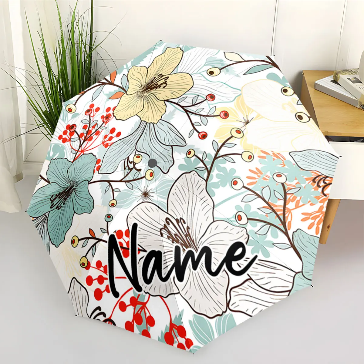 Custom Name Floral Pattern Umbrella with Personalized Design Print 8 Iron Ribs Folding Umbrella, Auto-Open Fashion Sunshade
