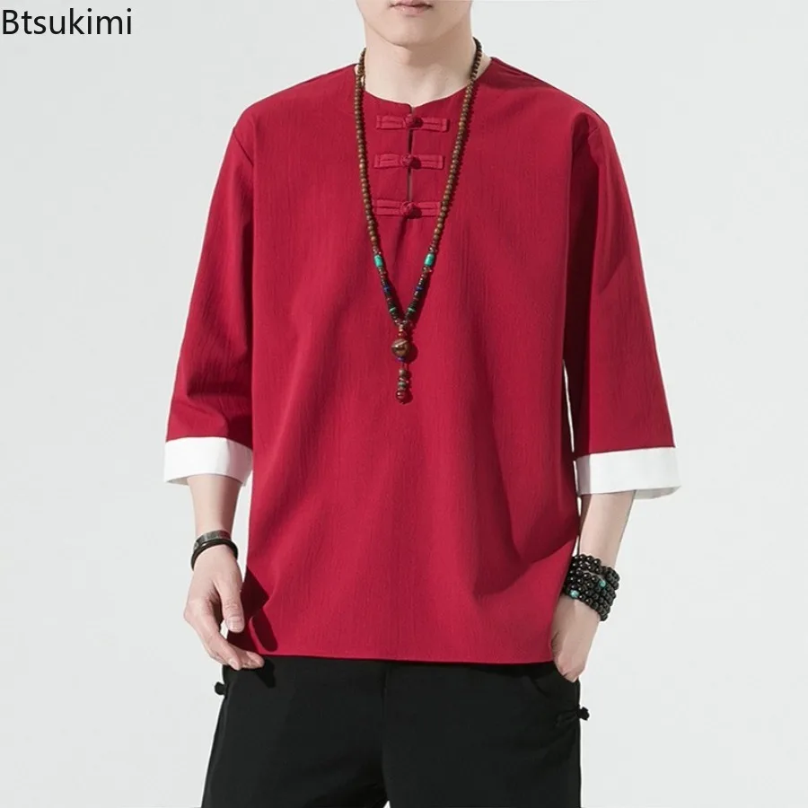 New2025 Men's Solid Vintage Cotton Linen Shirts Summer O-neck 3/4 Sleeve Casual Tops Chinese Style Men Clothing Hanfu Tang Dress