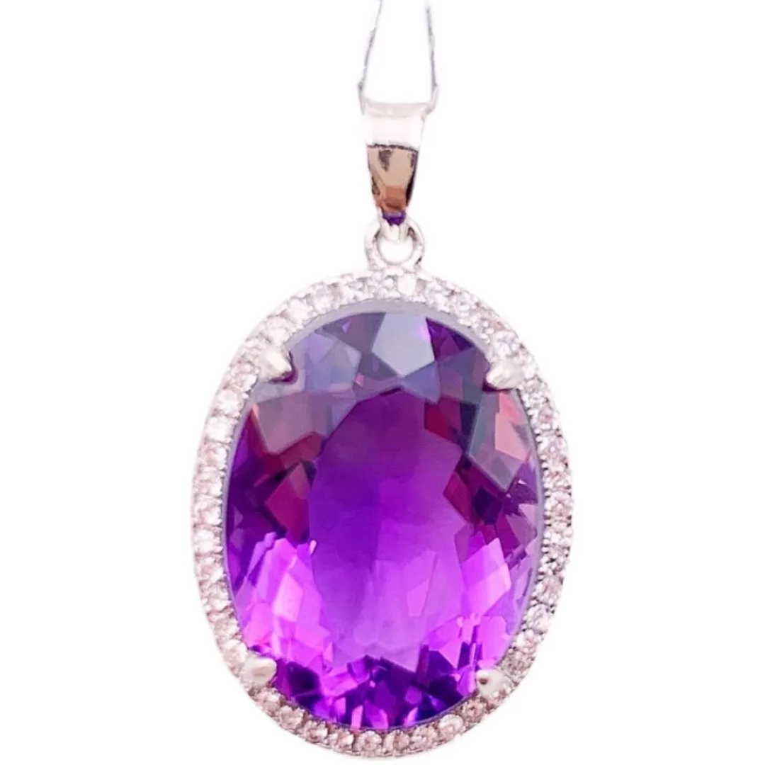 Natural Oval Amethyst Pendant Large Grain Gem Women\'s Necklace Pendant S925 Sterling Silver Inlaid with Japan and South Korea