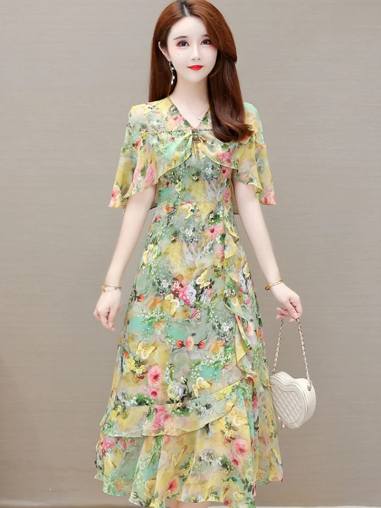 

Shawl Chiffon Printed Women's Dress Summer New Fashion Fragmented Flower Long Dress For Women Vestidos Elegantes Para Mujeres