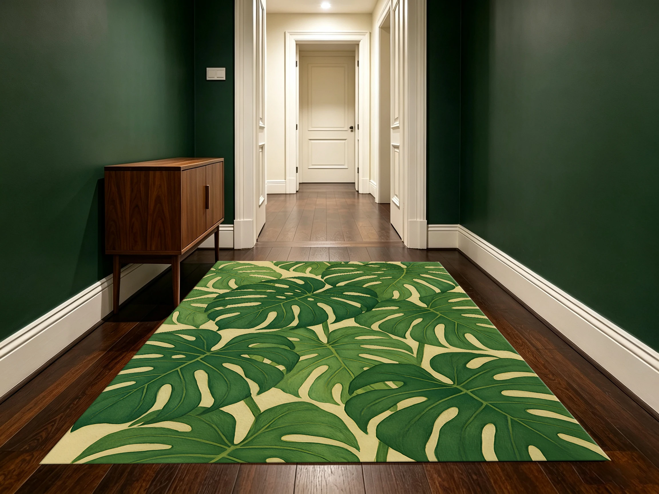 2D Carpet with All-Over Monstera Green Leaf Print as a Fresh Plant-Themed Choice for Living Room, Bedroom, and Coffee Table Area