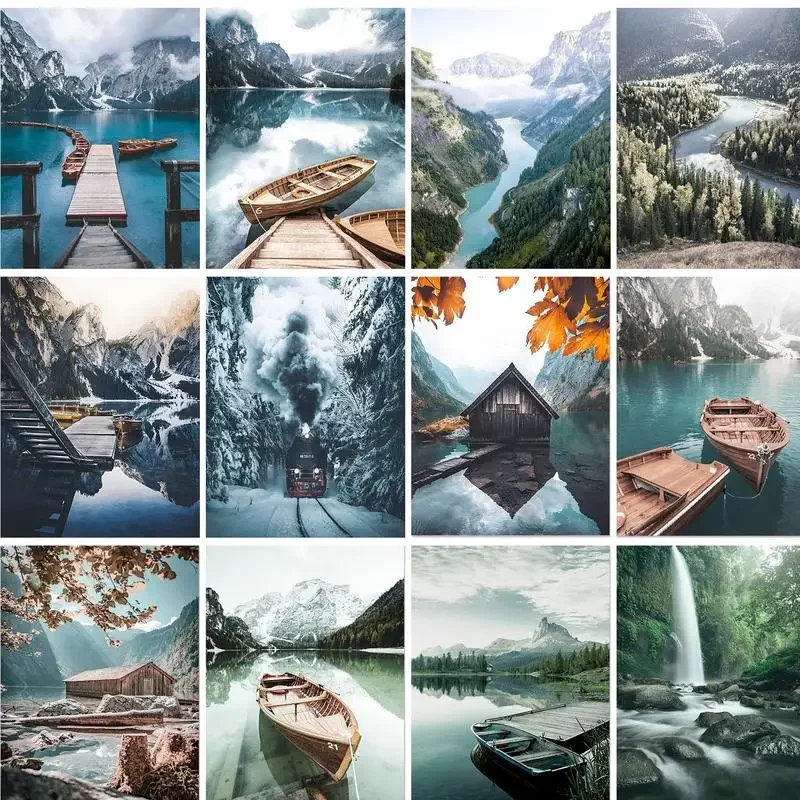 Modern Painting By Numbers Adults Crafts River Mountain Landscape Pictures On Numbers Home Decors On Canvas