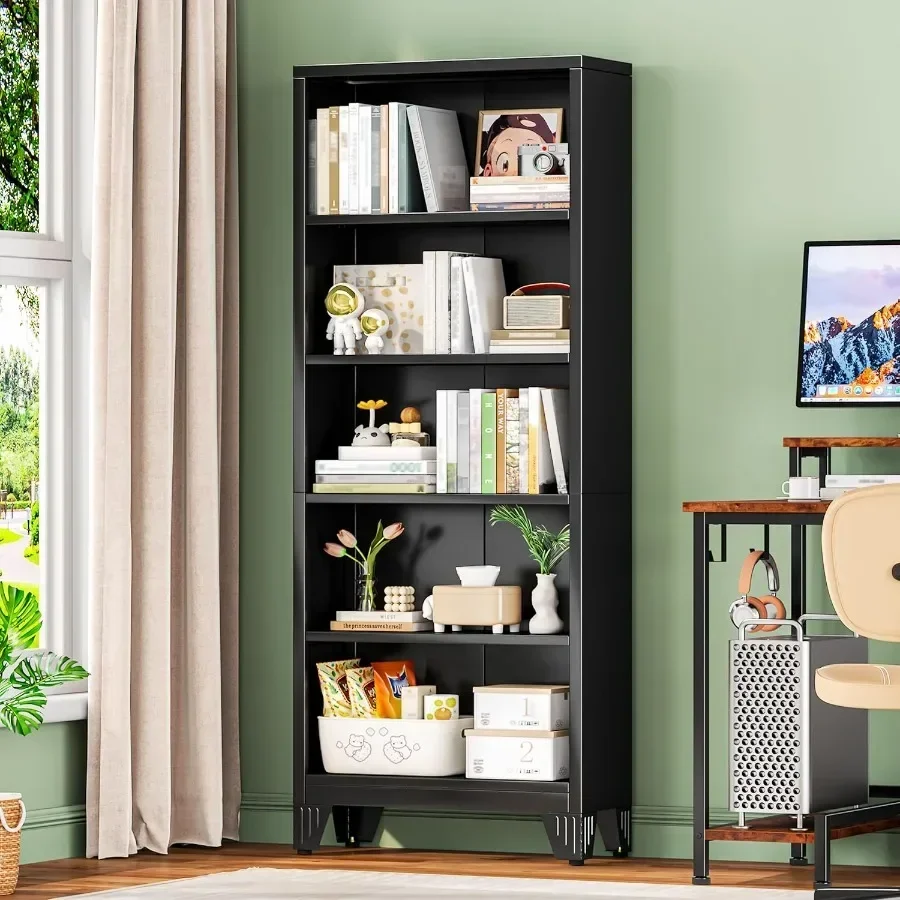 Metal Open Bookshelf, 4‑Tier Floor Standing Bookcase, Modern Open Storage Shelf Cabinet, Freestanding Display Bookshelf for Liv