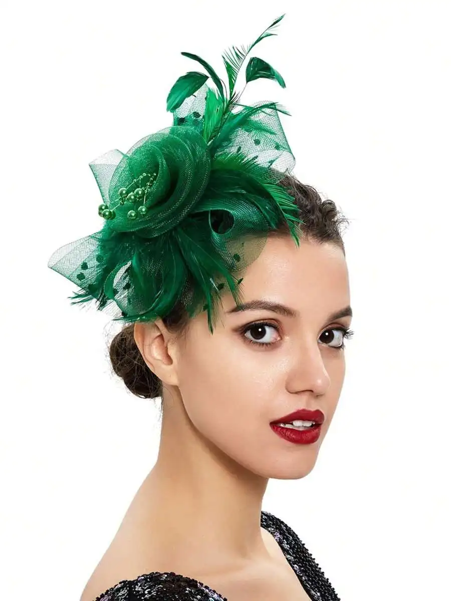

Womens Emerald Green Fascinator Headpiece With Feathers And Netting For Tea Party Kentucky Derby