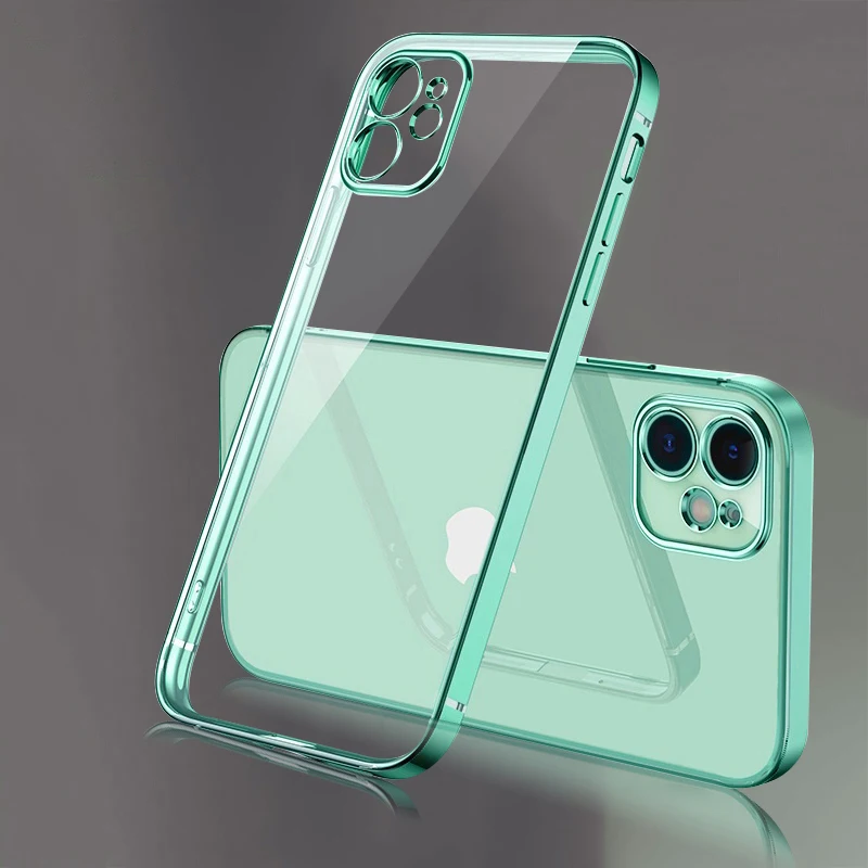 Luxury Plating Square Frame Silicone Transparent Case on For iPhone 11 12 13 14 15 Pro Max X XR XS Max 7 Plus Clear Back Cover