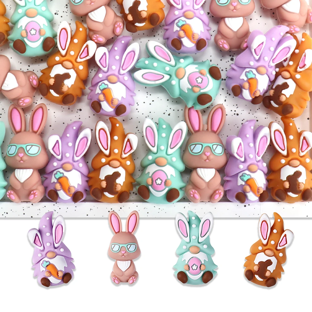 4pcs Easter Mixed Silicone Focal Beads Fun Rabbit Gnome 3D Silicone Charms For Bracelets, Keychains, Lanyards, Pen Decorations