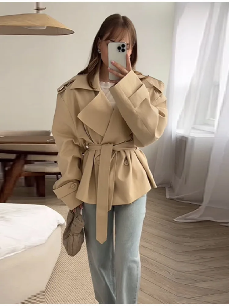 Women Short Trench Coat Lapel Epaulet Belted Waist Slim Fit Outerwear, Casual Cropped Windbreaker for Spring Autumn