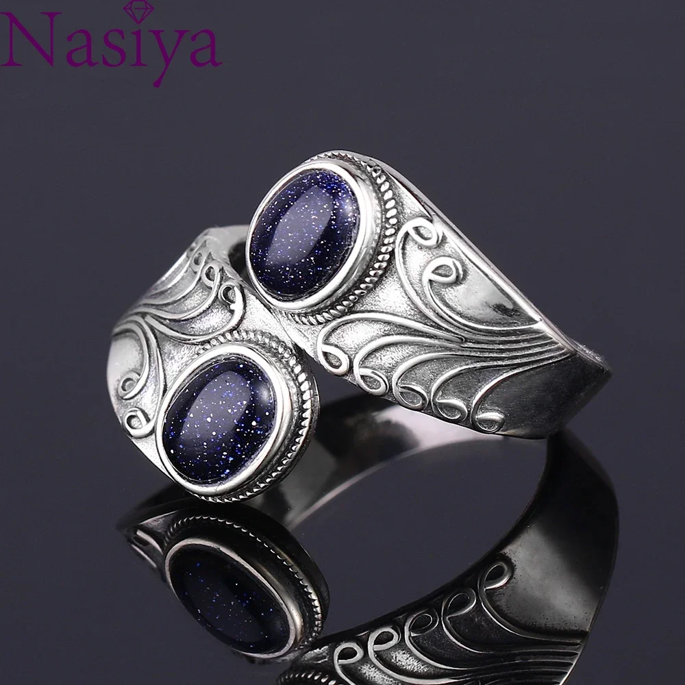 Nasiya New Design Punk Hiphop Ring With Two Blue Sandstone Women S925 Sterling Silver Jewelry Party Birthday Gift