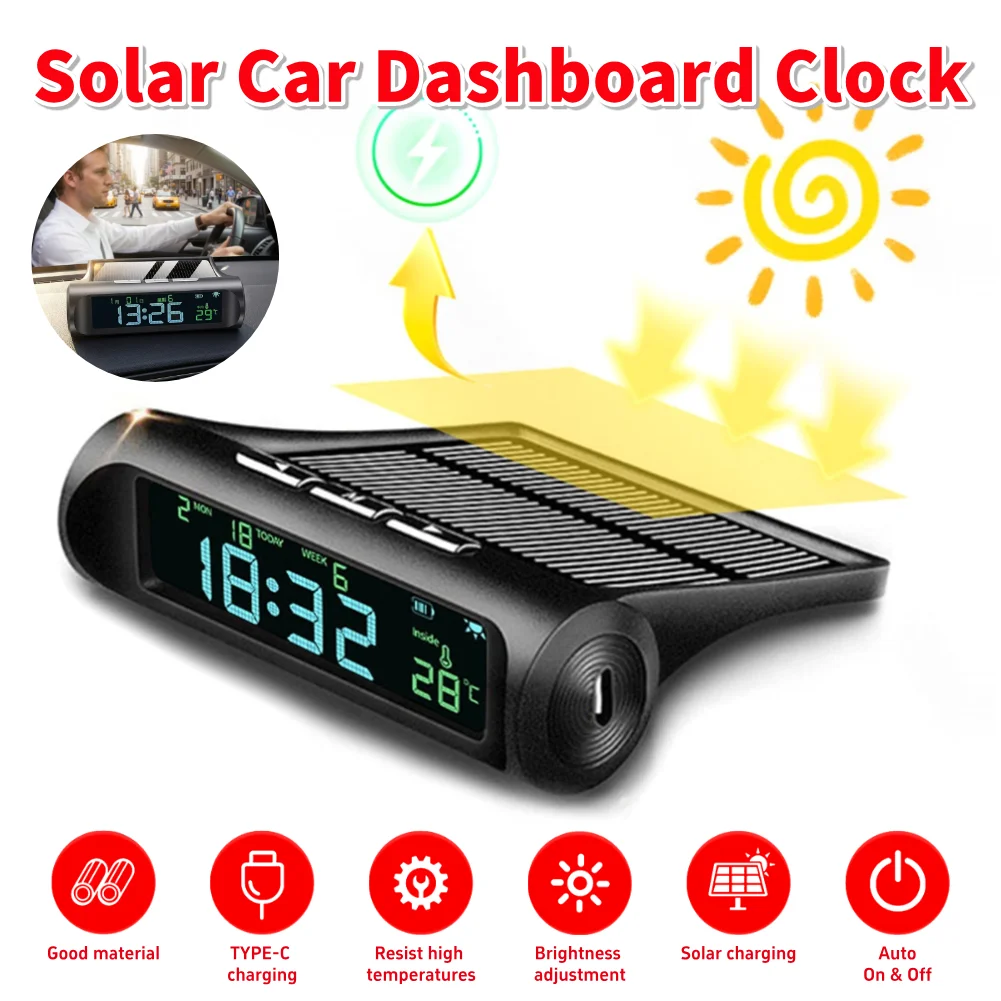 Solar-/USB-Fahrzeugelektronische Uhr mit Zeit-/Datums-/Temperaturanzeige, digitale Armaturenbrett-Uhr, vielseitig einsetzbar für Büro/Zuhause/im Freien